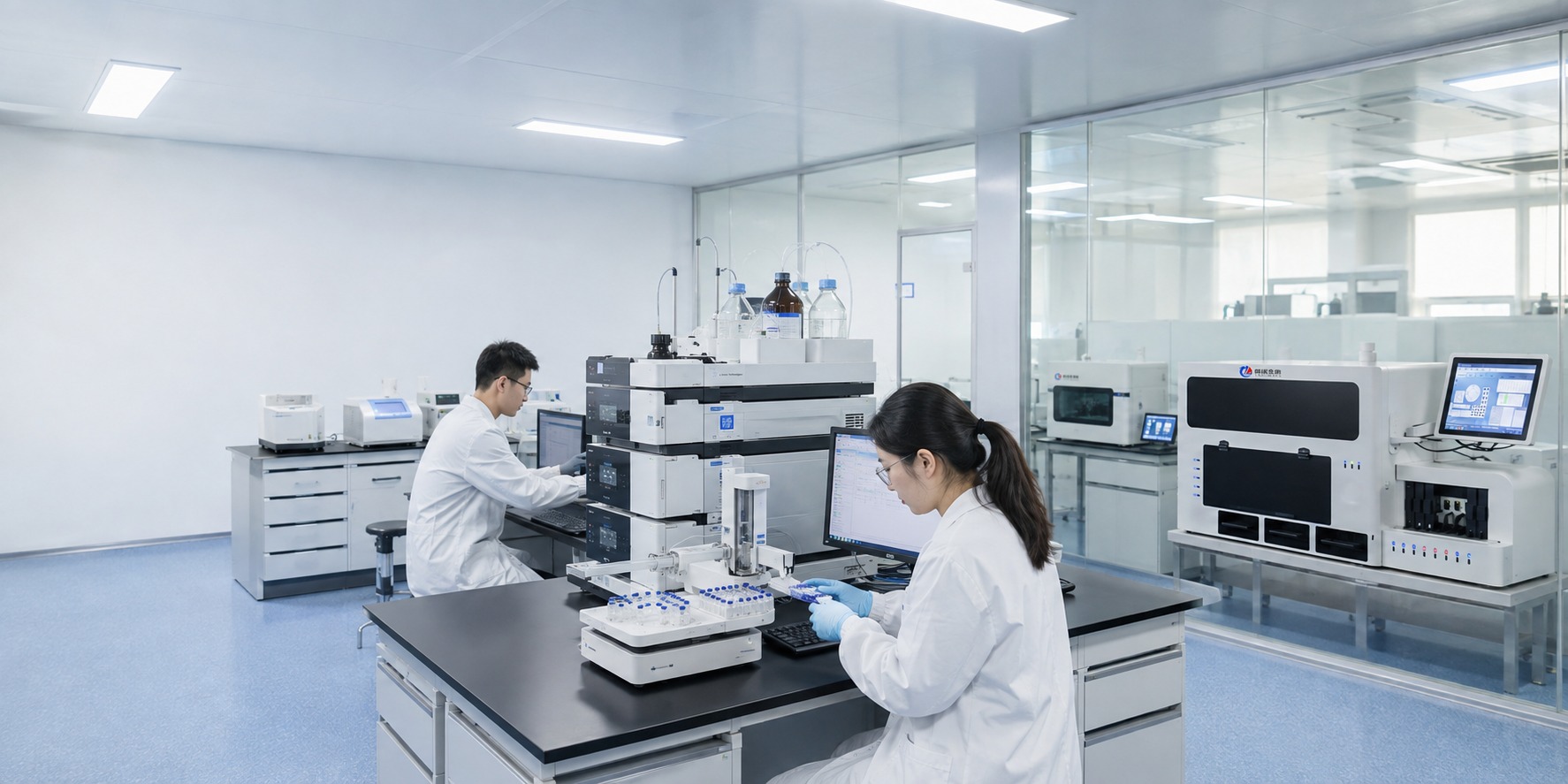 Xinyu Bio researchers working with liquid chromatography and automated sample preparation and testing systems in an integrated laboratory
